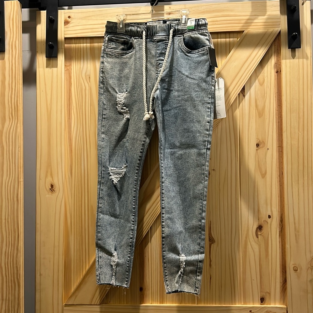 RE generation, pull on denim joggers. Size S